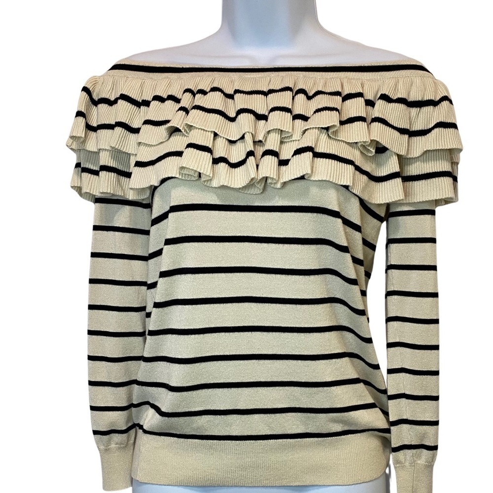 Lumiere Ruffled Collar Off Shoulder Stripped Long Sleeve Top Size Small